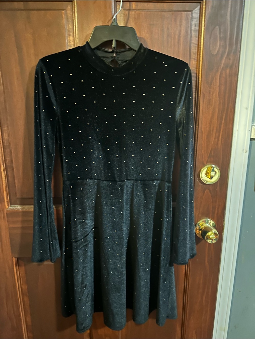 art class Black Long-Sleeve Velvet Dress with Rhinestone Accents